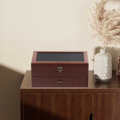 Image of AUTOARK Leather & Velvet 12 Piece Eyeglasses Display Case,Coffee,AW-164 | Clear Lid,Storage and Sunglass Organizer,Drawer Lockable