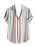 Herren Opa-Kragen Henley Shirt Leichte Hemden Gestreifter Druck Tropisch Kurzarmhemden Revers-Tops Hawaiisch Beach Party T-Shirts Freizeithemd Bequem Musterhemd Hua XL