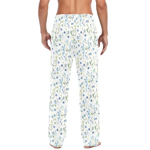 Mens Cotton Pajama Pants Sleep Lounge Pj Bottoms Sleepwear with Pockets Drawstring S Blue Watercolor Wildflower3