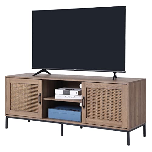 BIRASIL Rattan TV Stand, Industrial Wood TV Cabinet with Doors, Entertainment Center with Storage, Rustic Television Stands for TVs up to 60 inch for Living Room