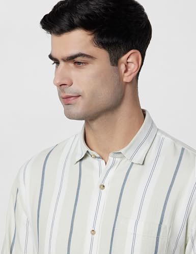 Image of Peter England Men's Linen Blend Shirt | Subtle Stripes | Full Sleeves