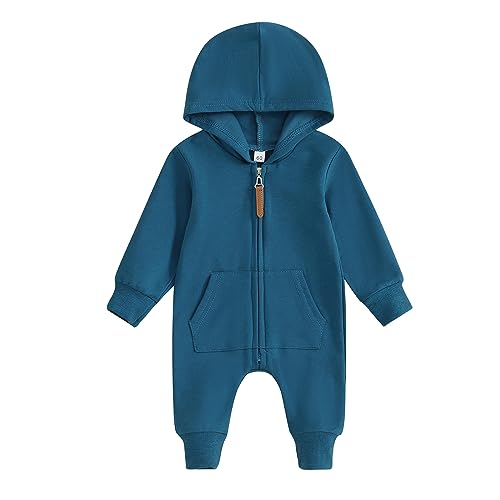 Image of DNOMAID YZARC Infant Baby Boy Girl Clothes Solid Hoodie Romper Zip Up Long Sleeve Hooded Jumpsuit Coverall Fall Winter Outfit