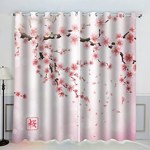 ZLKEJI Oeillet pour Rideaux Rose Japonais Fleurs de Cerisier Rideau Thermique Isolant Anti Froid Rideau Occultant Opaque Salon Maison Décoration Rideau Motif Polyester 2 Pièces 117x183 cm LxH Cover