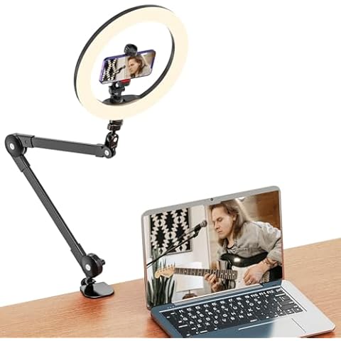 Jubor Overhead Phone Mount, 10" LED Ring Light and Phone Holder for Desk, Upgrade Overhead Camera Mount with Selfie Ring Light for Video Recording, Live Streaming TikTok, Cooking, Vlog, Makeup Cover