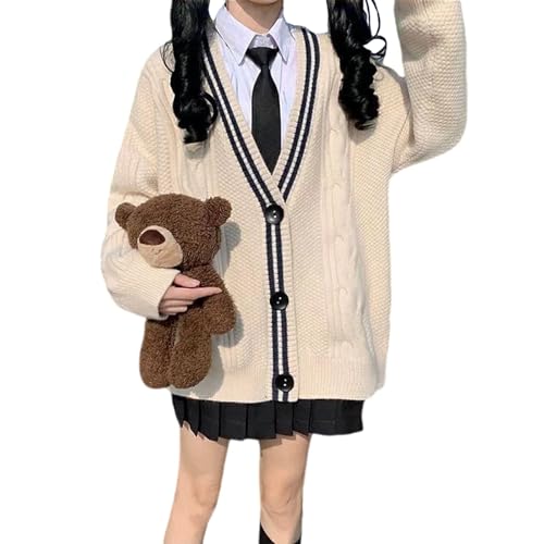 Women's Cardigan Sweater Japanese V-Neck Button Knit Sweater Girl Loose JK Uniform Long Sleeved Pocket Jacket