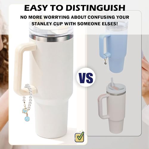 Image of Accessories for Stanley Cup Pearl Chain Initial Accessoriess for Handle Stuff Decor Water Bottle Jewelry Tumbler Cute Simple Modern Personalized Name ID Decorations Letter Blue Tag X