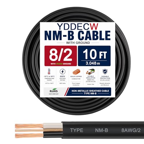 YDDECW 8/2 NM-B Wire with Ground - 10FT 8 Gauge Non-Metallic Sheathed Cable Pure Copper 8 AWG 2 Conductor Residential Indoor Wire for Outlets Switches and Other Loads etc.