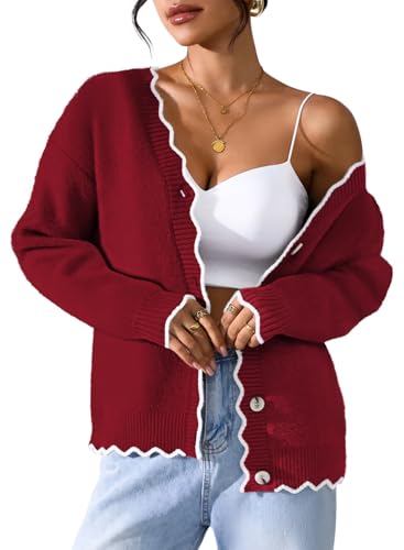Pink Queen Cute Flower Cardigan for Women Date Night Long Sleeve V Neck Button Down Cozy Floral Sweater Outerwear Oversized Fuzzy Cardigan Sweaters Coat Burgundy L