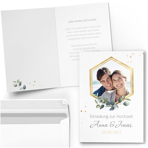 10 Einladungskarten Hochzeit | personalisiert mit Foto und Text | Eukalyptus Hochzeitseinladungskarten Einladung doppelseitig | Karten mit Umschlägen