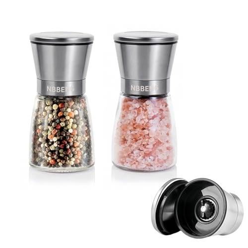 Salt and Pepper Grinder Set of 2, Manual Black Pepper Mill Refillable & Adjustable Coarseness, Stainless Steel Refillable Manual Spice Mill with Glass Bottle Container Easy to Use - Large Capacity