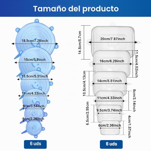 Miniatura 2 de Tapas Silicona Ajustables Cocina Sin Bpa, 12 Piezas Tapas De Silicona Elásticas Redondas Y Cuadradas, Reutilizables Tapa De Silicona Para Alimentos, Tapas Elásticas Estirables En Diferentes Tamaños