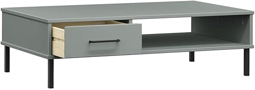 Miniatura 6 de Grey Solid Pine Wood Coffee Table, 21.7x39.4x11.4 in Metal Low Living Room Table with Storage Drawer, Industrial Style Mesa de Centro para Sala