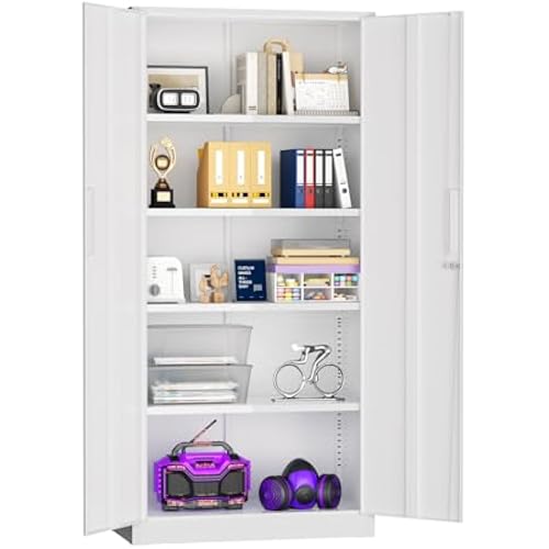 Superday Metal Storage Cabinets, 71" Steel Storage Cabinet with Lock, Tall White Cabinet with 2 Doors and 4 Adjustable Shelves for Garage, Home Office, Classroom, File, Easy Assemble
