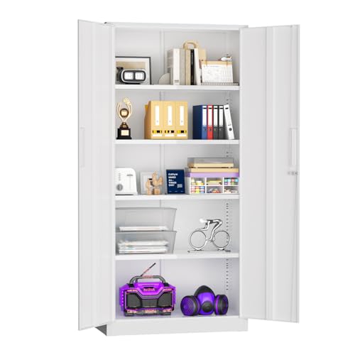 Superday Metal Storage Cabinets, 71' Steel Storage Cabinet with Lock, Tall White Cabinet with 2...