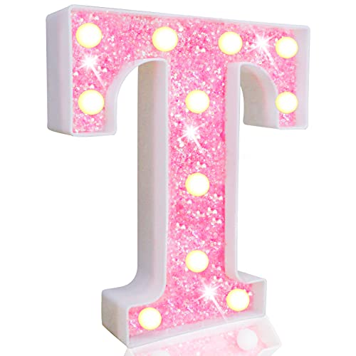 Image of Pooqla LED Marquee Letter Lights, Pink Glitter Light Up Letters Alphabet Sign Battery Powered Night Light, Birthday Party Wedding Girls Gifts, Christmas Room Dorm Bedroom Decoration, Pink Letter T
