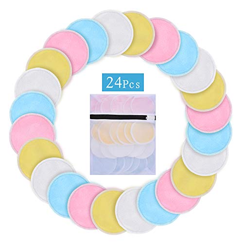 Dischetti Struccanti Riutilizzabili, HailiCare 24 Pezzi Panno Struccante Viso Bambù Lavabile per il Trucco e Occhi con Sacchetto di Lavanderia 4 Colori