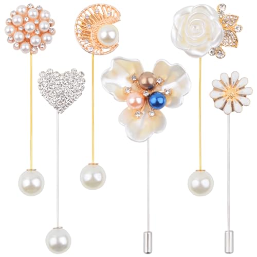 Image of 6 Pieces Pearl Brooch Pins Mixed Rose Daisy Flower Heart Rhinestone Pearl Brooches Suit Shirt Lapel Pins for Men Women Coat Collar Dresses, 6 Styles