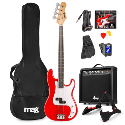 Max GigKit - Pack completo de bajo eléctrico rojo con amplificador de 40W, soporte, funda, afinador, cable y cuerdas, ideal para principiantes, práctica en casa, estudio o escuela de música