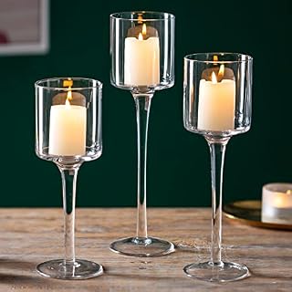 Sziqiqi Clear Glass Tea Light Candle Holders Set of 3, Tall Candle Holder for Floating Candles and Pillar Candles, Elegant Table Centrepieces for Mantelpiece Dining Rooms Wedding Party Christmas