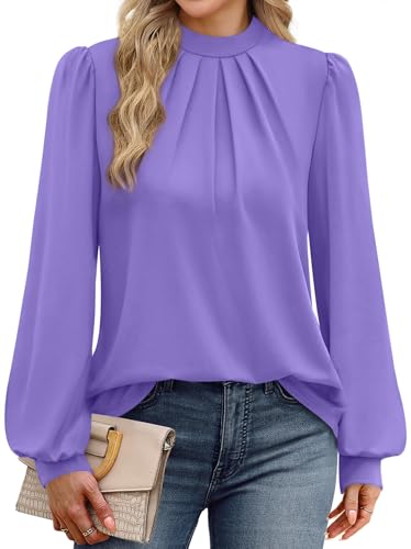 Image of WIHOLL Long Sleeve Shirts for Women Mock Neck Tops Pleated Front Blouses Dressy Casual Spring Fall Clothes 2026 Fashion