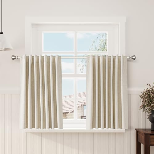 Image of Nanspring Beige 100% Blackout Linen Curtains for Bedroom 45 Inches Long Back Tab Thermal Insulated Country Farmhouse Decor Black Out Curtain for Living Room Dining Room Neutral Drapes 52x45, 2 Panels