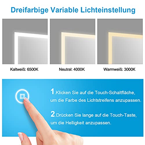 Badkamerspiegel met verlichting 80 x 60 cm LED badkamerspiegel 3 lichtkleuren warm wit/neutraal / koud wit dimbaar 3000… - Afbeelding 6