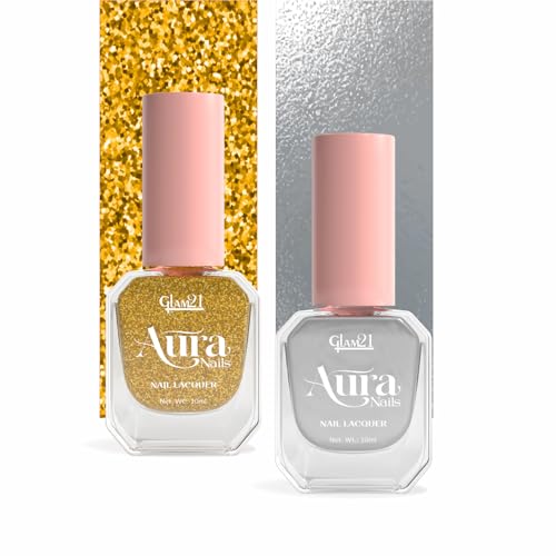 Image of Glam21 Aura Nails Nail Lacquer |Long-Lasting, Quick-Dry, High-Shine Nail Enamel|Chip-Free Formula|Smooth Application & Vibrant Finish| 10ml| Pack Of 2 (Gold Rush & Silver Foil)