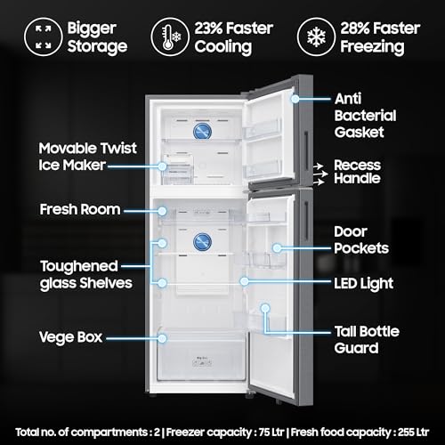 Image of Samsung 330 L, 2 Star, Convertible 5-in-1, Digital Inverter, Frost Free Double Door, WiFi Enabled Bespoke AI Refrigerator (RT34DG5A2BSLHL, EZ clean Steel /Real Steel, Silver)