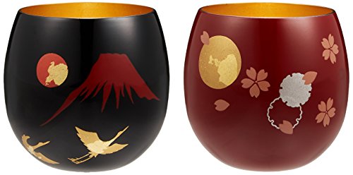 アサヒ 日本酒・焼酎グラス 赤・黒色 70ml 漆磨 円madoka お猪口2Pセット「赤富士に鶴&雪月花」 SCS-OK1001