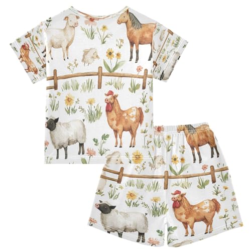 Pajama Sets Short Sleeve Farm Animals with Flowers Soft Cotton Summer Sleepwear 2 Piece PJS Size 5-14T2