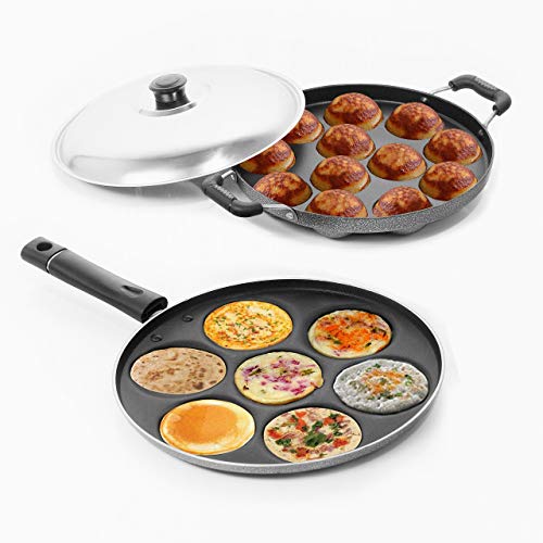 Image of Sumeet Aluminium 7-Pieces Multi Snack Maker and 12-Piece Stainless Steel Grill Appam Patra (Silver)