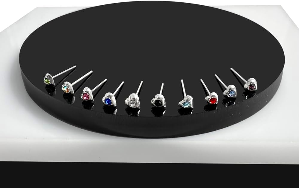 20 Pieces Box Set Heart with Crystal Stone on Moving Ring Design 22 Gauge 925 Sterling Silver Nose Pin - Nose Stud - Tiny Nose Ring - Nose Piercing Body Jewelry