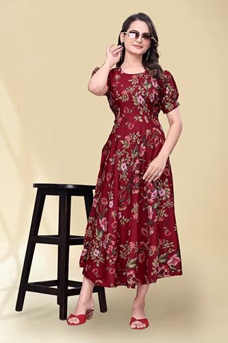 Image of Women's A-Line Crepe Maxi Dress | Stylish Fit and Flare Dress with Round Neck Short Puff Sleeves for Casual Wear