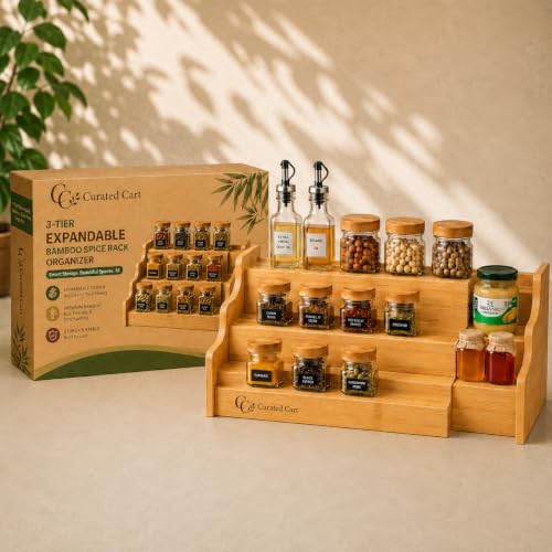 Image of Curated Cart Spice Rack Organizer for Kitchen, Wooden 3 Tier Expandable Rack, Adjustable Step Shelf for Countertop & Cabinets, Multi-Purpose Stand for Pantry & Cupboard (3 Tier Spice Rack - Expandable)