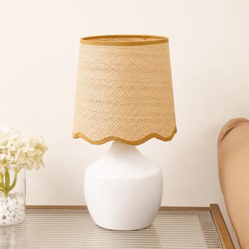 Boho Rattan Ceramic Table Lamp,Small White Ceramic Bedroom Bedsid...