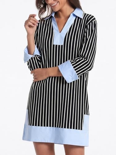 Image of Kedera Women's Summer Striped Dress Long Sleeve V Neck Collared Shirt Mini Dresses 2025 Trendy with Side Slit
