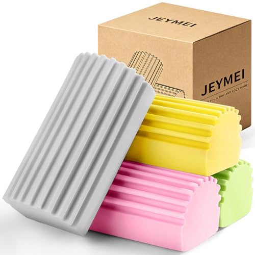 Jeymei 4-Pack Damp Clean Duster Sponge Damp Dusting Sponge Duster Baseboard Cleaner Sponge with Ridges Reusable Wet Duster Sponge Household Cleaning Sponges for Blinds(Grey Yellow Pink Green)