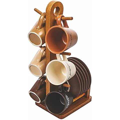 Juego de 6 tazas de café con platillo y soporte de madera Cover