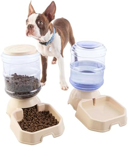 Automatic Cat Feeder and Water Dispenser – 2-Pack 3.8L/1G Dog Food and Water Bowl – Gravity Automatic Water Dispenser for Dogs and Cats by PETMAKER