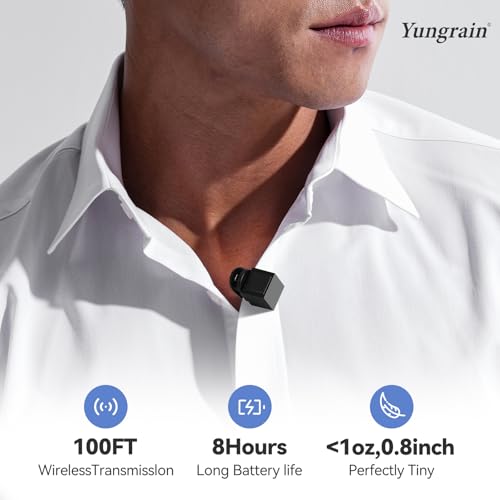 Image of Yungrain Wireless Lavalier Microphone, Ultra-Compact Design Wireless Mini Mic for iPhone /Pro /iPad /Android /PC /Windows /MAC, Bluetooth Microphone, Clip on Mic for Tiktok, YouTube, Video Recording, Zoom