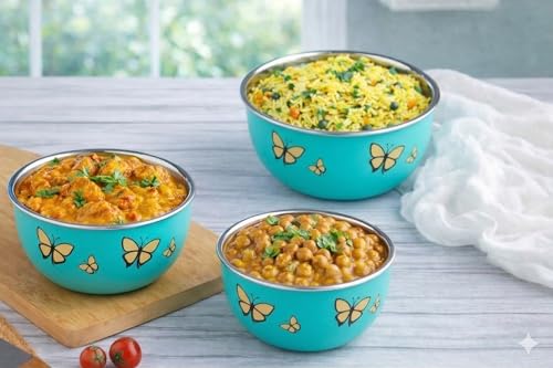 Image of Zaib Microwave Safe Stainless Steel Food Storage Containers with Lid | Pack of 3 | Sizes 12 cm, 14 cm, 16 cm | Capacity 500 ml, 750 ml, 1250 ml | Snap Fit Lid (Green Butterfly 3)