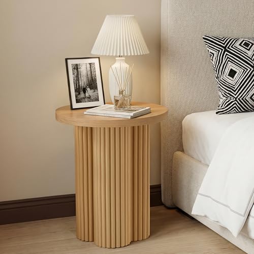 Image of Round Fluted End Table, 17.7'' Mid Century Modern Side Table, Circle Bedside Tables Drink Table Wood Nightstand for Small Spaces, Living Room (Natural-1PCS)