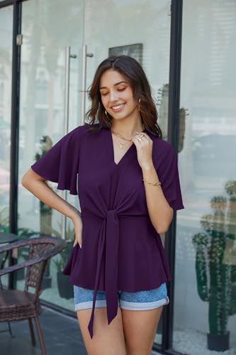 Image of GRACE KARIN Women's Elegant V-Neck Tie Waist Flowy Peplum Shirt Tops