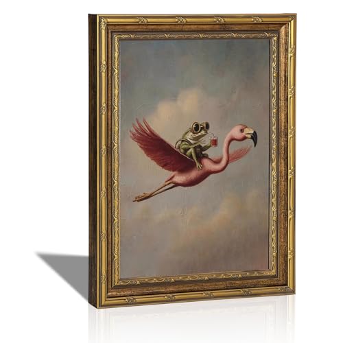 Flamingo Wall Art, Whimsical Frog Animal Decor, Gold Framed 9x11 inch