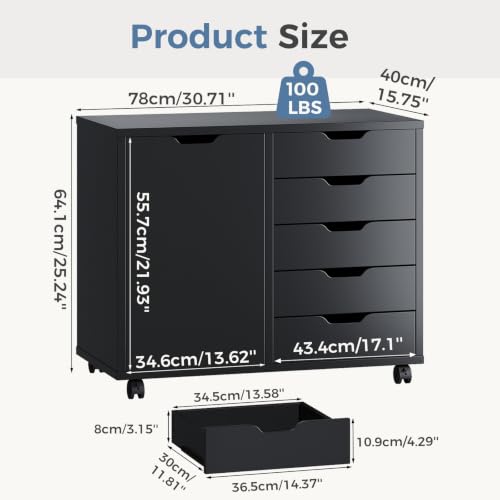 Image of DUMOS 5 Drawer File Cabinet Office Drawers Organizer with Wheels Rolling, Under Desk Cabinets with Shelves and Door Printer Stand with Wood Board Metal Frame for Home Office Storage Craft Room, Black