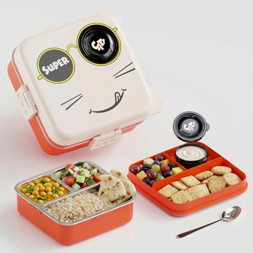 Image of Lunch Box for Kids & Adults, Multi Layer Tiffin Box, Stainless Steel Food Container with Partition, Leakproof 3 Compartment Bento Box with Spoon, 1120ml + 70ml (White, Super Cat)