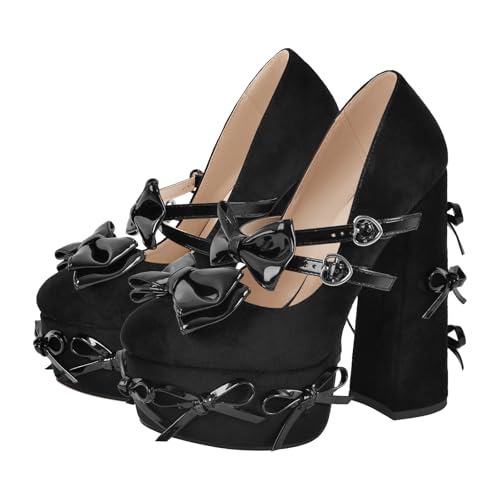 Women's Bowknots Platform High Heels Mary Jane Chunky Heel Pumps Shoes