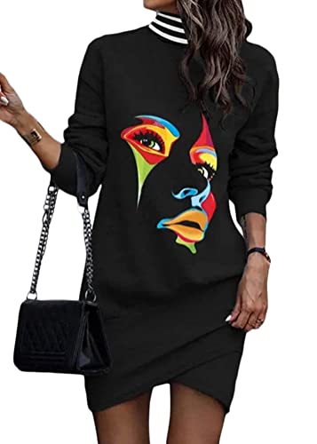 shownicer Invierno para Mujer Moda Casual Cuello Redondo Color SóLido Gamuza CordóN Cuello Alto Manga Larga Vestido Ajustado A La Cadera Falda Vestido Corto Mujer B Negro M Cover