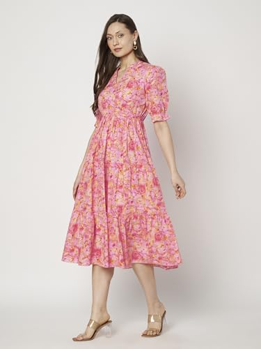 Image of PIDAVLIYA'S Women's Floral Summer Maxi Dress I Cotton Printed I One Piece Bodycon Midi Dress with V-Neck, Puffed Sleeves