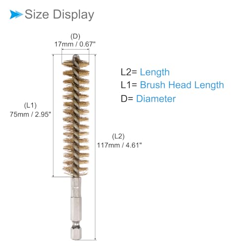 Image of Bore Brush, 17mm Dia 75mm Length, Brass Twisted Cleaning Wire Brushes with 1 /4 inch Hex Shank - (Applications: for Power Drill), 3-Pieces